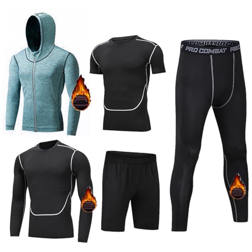 Lvguang Herren 5 Stücke Sportanzug-Set Schnelltrocknend Atmungsaktiv Fitness Strumpfhosen Leichter Reißverschluss Weich Joggen Kleidung Winterausrüstung Verdicken Sport Anzug (Türkis,M) von Lvguang