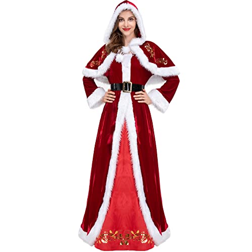 Lvguang Weihnachten Santa Umhang mit Kapuze Weihnachtsmantel Cape Damen Samtkleid Kapuzenumhang Cape Abendkleid Weihnachtsfest für Weihnachten Kostüm Party Rot-2XL von Lvguang