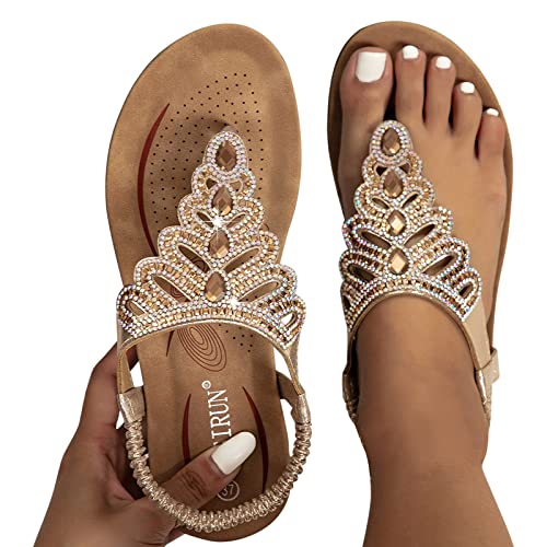 Sandalen Damen, Sandalen Damen Sommer Elegant Boho Flache Schuhe Mit Strass Glitzer T-Riemen Sommerschuhe Flip Flops Sohlen Sandaletten Freizeit Gummiband Slingback Strandsandalen, 38/EU von Lvnsdknerse