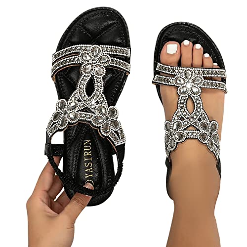 Sandalen Damen Breite FüßE, Sandalen Damen Sommer Elegant Boho Flache Schuhe Mit Strass Glitzer T-Riemen Sommerschuhe Flip Flops Sohlen Sandaletten Freizeit Gummiband Slingback Strandsandalen, 42/EU von Lvnsdknerse