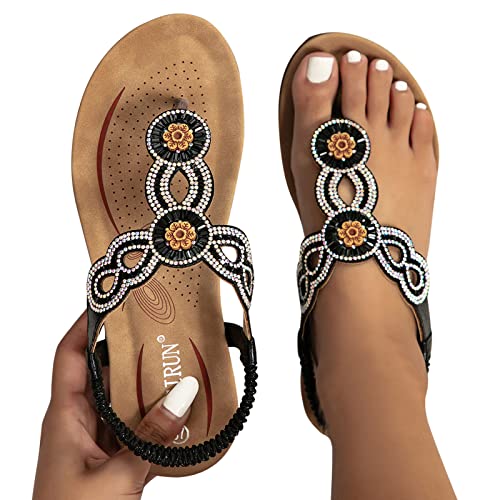 Sandaletten Damen, Sandalen Damen Sommer Elegant Boho Flache Schuhe Mit Strass Glitzer T-Riemen Sommerschuhe Flip Flops Sohlen Sandaletten Freizeit Gummiband Slingback Strandsandalen, 38/EU von Lvnsdknerse