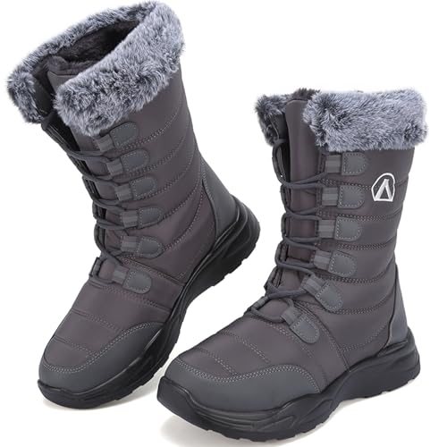 Lvptsh Damen Winterstiefel Schneestiefel Warme Gefüttert Anti-Rutsch Trekking Wanderschuhe Winterschuhe Leicht Schnürsenkel Outdoor Stiefeletten,Grau,EU37 von Lvptsh