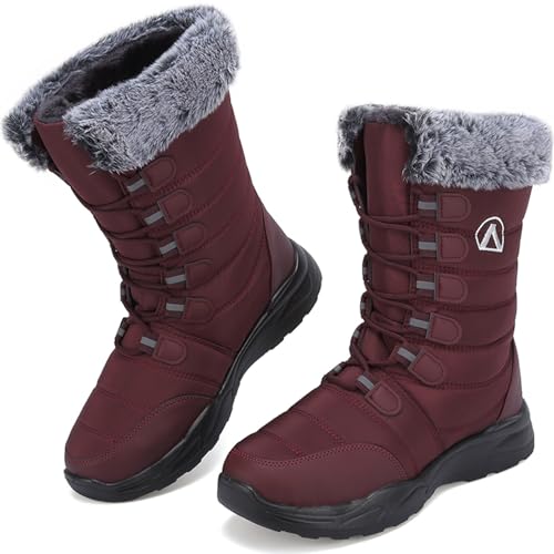 Lvptsh Damen Winterstiefel Schneestiefel Warme Gefüttert Anti-Rutsch Trekking Wanderschuhe Winterschuhe Leicht Schnürsenkel Outdoor Stiefeletten,Rot,EU39 von Lvptsh