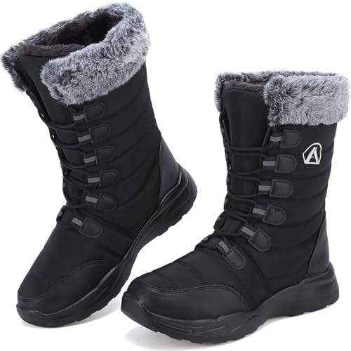 Lvptsh Damen Winterstiefel Schneestiefel Warme Gefüttert Anti-Rutsch Trekking Wanderschuhe Winterschuhe Leicht Schnürsenkel Outdoor Stiefeletten,Schwarz,EU37 von Lvptsh