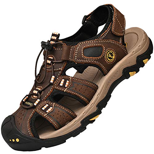 Lvptsh Sandalen Herren Trekkingsandalen Wandersandalen Outdoorschuhe Sommer Freizeitschuhe Leder Strand Sandalen Wanderschuhe Geschlossene Outdoor Sport Sandale,Dunkelbraun,EU40 von Lvptsh