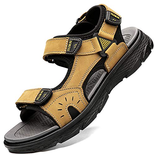 Lvptsh Sandalen Herren Trekkingsandalen Wandersandalen Outdoorschuhe Sommer Freizeitschuhe Leder Strand Sandalen Wanderschuhe Geschlossene Outdoor Sport Sandale,Gelb,EU39 von Lvptsh