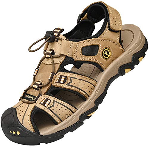 Lvptsh Sandalen Herren Trekkingsandalen Wandersandalen Outdoorschuhe Sommer Freizeitschuhe Leder Strand Sandalen Wanderschuhe Geschlossene Outdoor Sport Sandale,Hellbraun,EU38 von Lvptsh