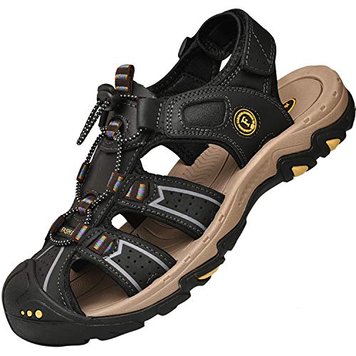 Lvptsh Sandalen Herren Trekkingsandalen Wandersandalen Outdoorschuhe Sommer Freizeitschuhe Leder Strand Sandalen Wanderschuhe Geschlossene Outdoor Sport Sandale,Schwarz,EU39 von Lvptsh