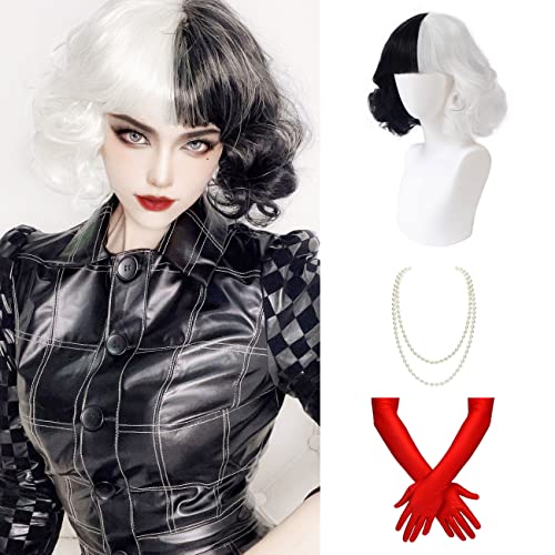 Lwiuentx Anime Costume Cosplay Kurze Lockige Halbe Schwarze Halbe Weiße Pony Perücke für Männer Frauen Halloween Party + Kostenlose Perückenkappe,ein Paar Handschuhe gratis, 1 Halskette von Lwiuentx