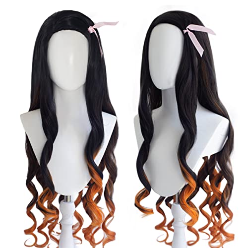 Lwiuentx Anime Cosplay Kamado Nezuko Lange lockige Schwarze Gradient Orange Perücke für Halloween Party + Kostenlose Perückenkappe von Lwiuentx