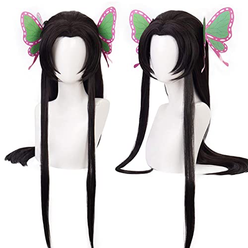 Lwiuentx Anime Cosplay Kochou Kanae Lange Gerade Schwarze Perücke Kostüme Schmetterlings-Haar-Accessoire für Halloween-Party + Kostenlose Perückenkappe von Lwiuentx