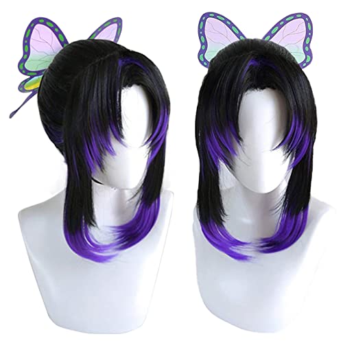 Lwiuentx Anime Cosplay Kochou Shinobu Schwarze Gradient Lila Perücke mit Pferdeschwanz für Halloween Party + Kostenlose Perückenkappe von Lwiuentx