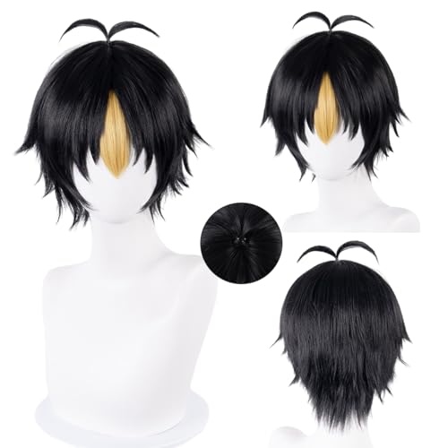 Lwiuentx Haikyuu!! Cosplay Nishinoya Yuu Kurze Schwarze Perücke für Herren Damen Halloween Party + Kostenlose Perückenkappe von Lwiuentx