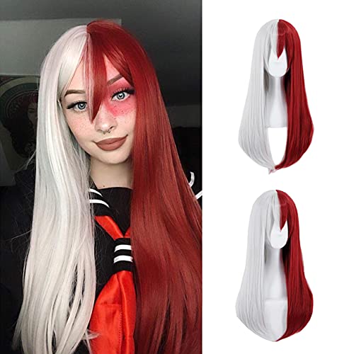 Lwiuentx MHA Cosplay Todoroki Shouto Lange halbe silberweiße halbe rote Perücke+ kostenlose Perückenkappe von Lwiuentx