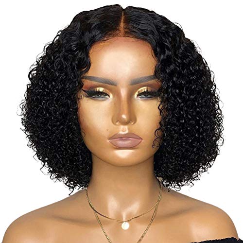 Kurze Lockige Bob Perücke, Lace Front Aus Echthaar Wellige Dichte Perücken Für Schwarze Frauen Hd Glueless Perücke Vorgezupfte Haarlinie Unauffällige Echte Brasilianische Virgin Headband (Schwarz) von Lwuey