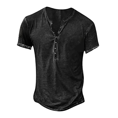 Hemd Herren Kurzarm Henley Shirt Sommer V-Ausschnitt Freizeithemd Vintage Slim Fit Sportshirt Mit Knopfleiste Kurzarmshirt(01-Schwarz,M) von Lxitoler