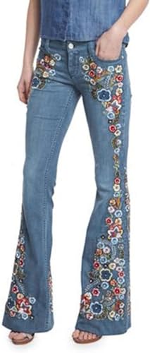 Lxitoler Schlaghose Damen Jeans Blumen Jeanshosen Jacquard Denimhose Vintage Stickerei Schlagjeans Elegante Bootcut Röhrenjeans Hohe Taille Flared Pants Y2K von Lxitoler