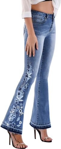 Lxitoler Schlaghose Damen Jeans Blumen Jeanshosen Jacquard Denimhose Vintage Stickerei Schlagjeans Elegante Bootcut Röhrenjeans Hohe Taille Flared Pants Y2K von Lxitoler