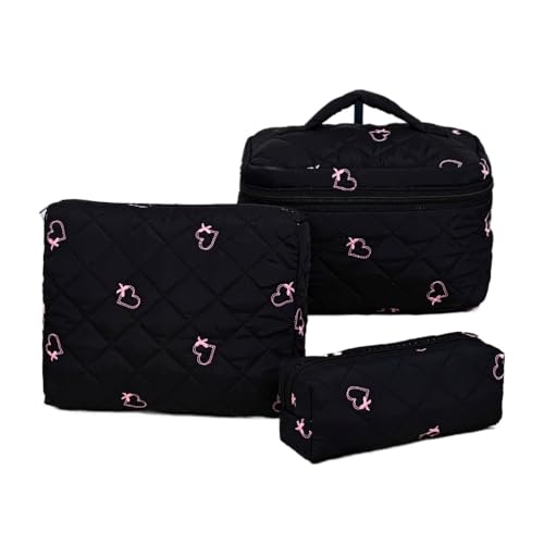 3 Stück Kosmetiktasche Damen Groß TReise Kosmetiktasche Set Waschtasche Groß Baumwolle Kulturbeutel Gesteppte Kulturtasche Mit Blumenmuster Make Up Bag Coquette Aesthetic Cosmetic (A) von LxmQuyliven
