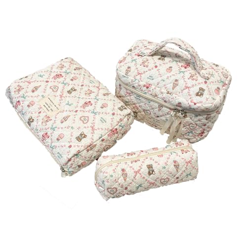 3 Stück Kosmetiktasche Damen Groß TReise Kosmetiktasche Set Waschtasche Groß Baumwolle Kulturbeutel Gesteppte Kulturtasche Mit Blumenmuster Make Up Bag Coquette Aesthetic Cosmetic (H1) von LxmQuyliven