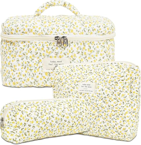 3 Stück Kosmetiktasche Damen Groß TReise Kosmetiktasche Set Waschtasche Groß Baumwolle Kulturbeutel Gesteppte Kulturtasche Mit Blumenmuster Make Up Bag Coquette Aesthetic Cosmetic (I1) von LxmQuyliven