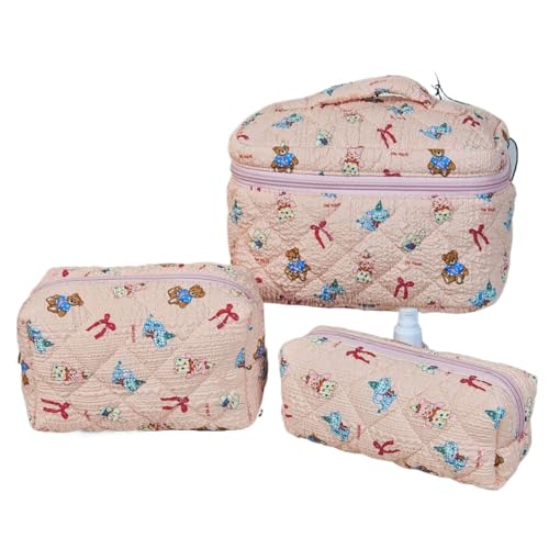 3 Stück Kosmetiktasche Gesteppte Kulturtasche Mit Blumenmuster Make Up Bag Aesthetic Makeup Bag für Urlaub Must Haves Organizer Tasche für Pflege & Reise Toilettentasche Damen (I) von LxmQuyliven