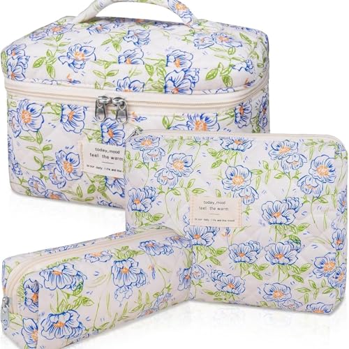 3 Stück Kosmetiktasche Set Kulturtasche Damen Groß Gesteppte Reißverschlusstasche mit blauen Blumen Aesthetic Stuff Clean Girl Coquette Aesthetic Cosmetic für Mädchen Frauen (G1) von LxmQuyliven