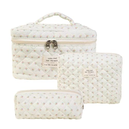 3 Stück Kosmetiktasche Set Kulturtasche Damen Groß Gesteppte Reißverschlusstasche mit blauen Blumen Aesthetic Stuff Clean Girl Coquette Aesthetic Cosmetic für Mädchen Frauen (V) von LxmQuyliven