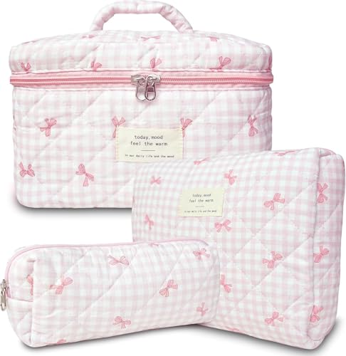 3 Stück Kulturbeutel Set Mädchen Toiletttasche Make Up Tasche Aesthetic Stuff Clean Girl Kosmetiktasche Blumen Tragbare Schminktasche für Mädchen Frauen (F) von LxmQuyliven