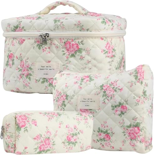 3 Stück Kulturbeutel Set Mädchen Toiletttasche Make Up Tasche Aesthetic Stuff Clean Girl Kosmetiktasche Blumen Tragbare Schminktasche für Mädchen Frauen (P1) von LxmQuyliven