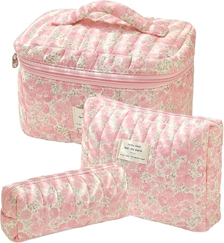 3 Stück Set Kosmetiktasche Make Up Tasche Damen Mädchen Kosmetiktasche Blumen Groß Schleifen Tasche Kosmetikbeutel mit Blümchen für Make-up-Pinsel und Beauty-Utensilien (J) von LxmQuyliven