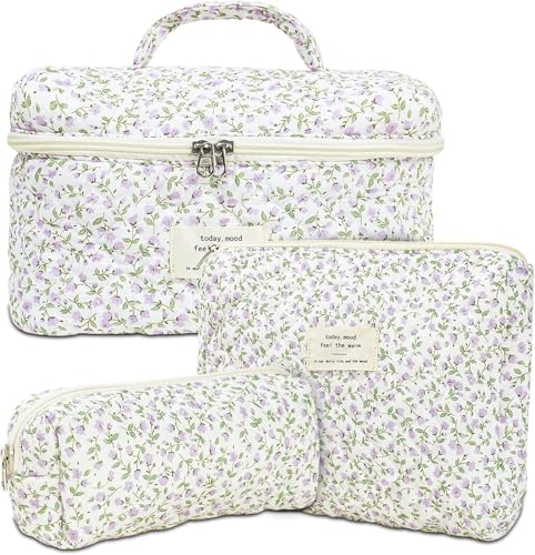 3 Stück Set Kosmetiktasche Make Up Tasche Damen Mädchen Kosmetiktasche Blumen Groß Schleifen Tasche Kosmetikbeutel mit Blümchen für Make-up-Pinsel und Beauty-Utensilien (N1) von LxmQuyliven