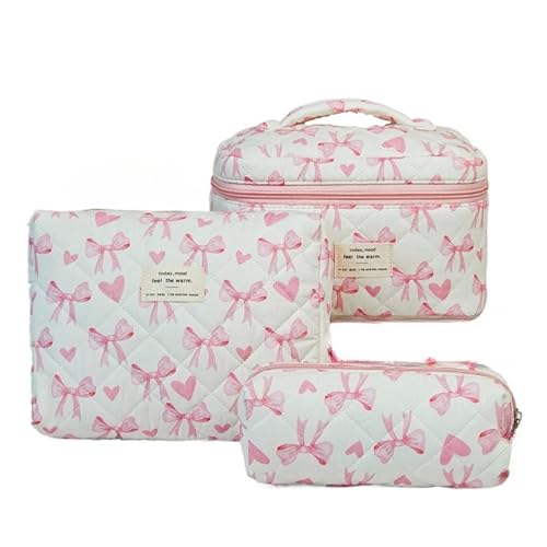3 Stück Set Kosmetiktasche Make Up Tasche Damen Mädchen Kosmetiktasche Blumen Groß Schleifen Tasche Kosmetikbeutel mit Blümchen für Make-up-Pinsel und Beauty-Utensilien (P) von LxmQuyliven