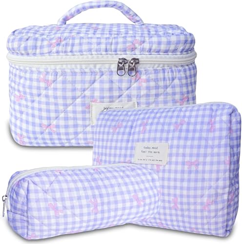 3 Stück Set Kosmetiktasche Make Up Tasche Damen Mädchen Kosmetiktasche Blumen Groß Schleifen Tasche Kosmetikbeutel mit Blümchen für Make-up-Pinsel und Beauty-Utensilien (W) von LxmQuyliven