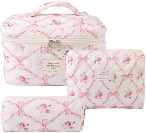 3 Stück Set Kosmetiktasche Make Up Tasche Damen Mädchen Kosmetiktasche Blumen Groß Schleifen Tasche Kosmetikbeutel mit Blümchen für Make-up-Pinsel und Beauty-Utensilien (Y) von LxmQuyliven