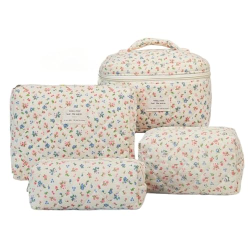 4 Stück Gesteppte Kulturtasche Set Make Up Tasche Tragbare Schminktasche Makeup Bag Beauty Case Waschtasche Groß Mit ReißVerschluss Für Frauen MäDchen (M) von LxmQuyliven