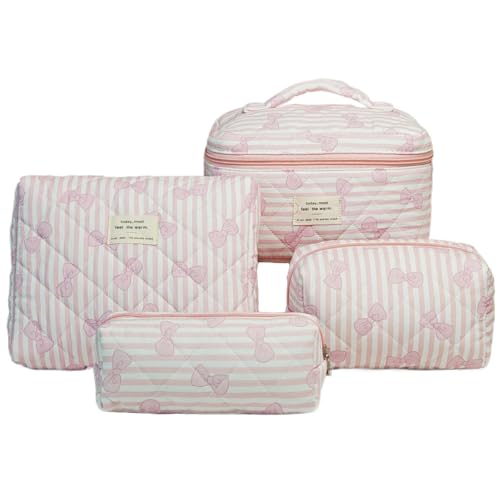 4 Stück Gesteppte Kulturtasche Set Make Up Tasche Tragbare Schminktasche Makeup Bag Beauty Case Waschtasche Groß Mit ReißVerschluss Für Frauen MäDchen (T) von LxmQuyliven