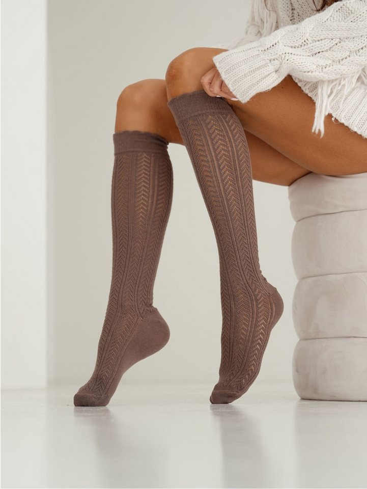 Lycille Kniestrümpfe elegante Knie-Strümpfe 37/41 mit Fischgräten-Lochmuster (1 Paar bestehend aus zwei Socken) aus Baumwolle, mit geformter Ferse, Fischgrätenmuster, Lochmuster von Lycille