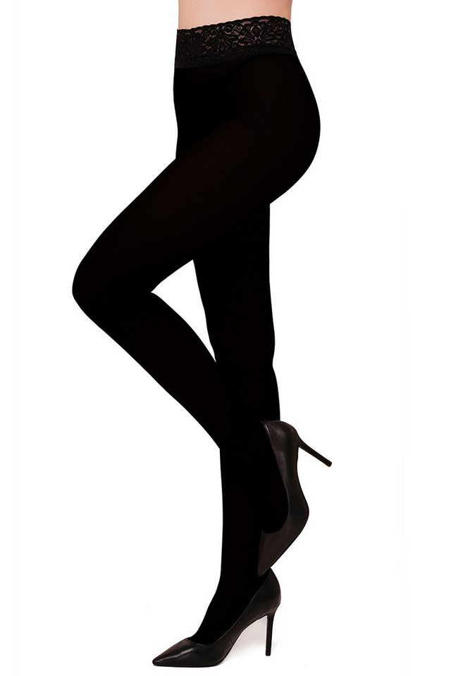Lycille Strumpfhose blickdichte Strumpfhose für Damen aus Mikrofaser 100 Den SCHWARZ 100 DEN Mit schöner Spitze an der Taille mit einem Silikonstreifen von Lycille