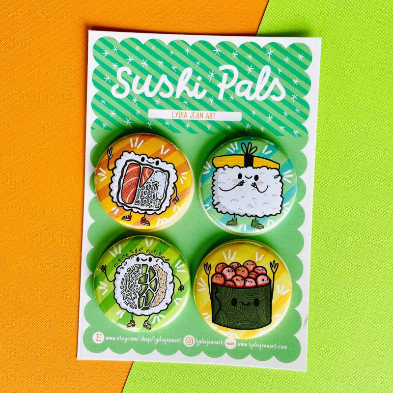 Sushi Pins Oder Magnet Sets - Set | Sushiparty Kawaii Knöpfe Anstecknadel Original Zeichnung Von Lydia Jean Art von LydiaJeanArt