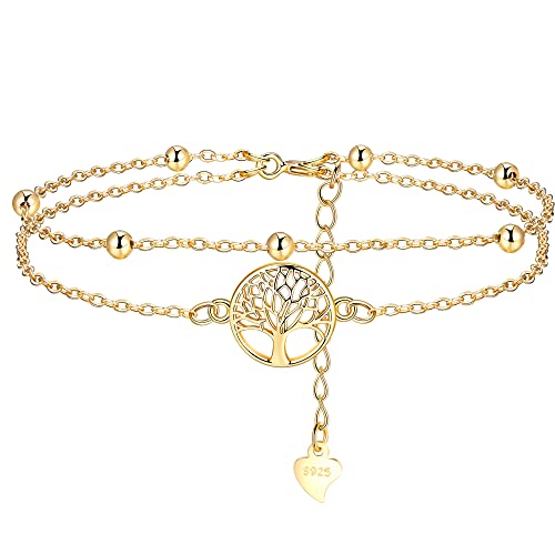 Lydreewam Lebensbaum Armband für Damen 925 Sterling Silber Baum des Lebens Doppel Armkette mit Geschenkbox für Geburtstag Muttertag Weihnachten, verstellbar 17+4cm (Gold) von Lydreewam