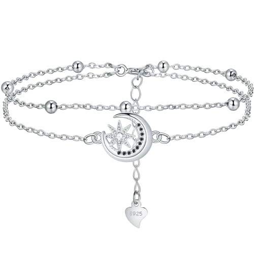 Lydreewam Mond und Stern Armband Silber 925 für Damen Doppel Layered Freundschaft Armkette mit Kugeln und Zirkonia Weihnachten Muttertag Geburtstag Geschenk, Armbänder verstellbare 17+4cm Lydreewam Mond und Stern Armband Silber 925 für Damen Doppel Layered Freundschaft Armkette mit Kugeln und Zirkonia Weihnachten Muttertag Geburtstag Geschenk, Armbänder verstellbare 17+4cm von Lydreewam