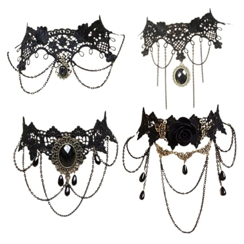 Lyivisk 4Pcs Gothic Halskette Set Schwarz Spitze Choker Damen Schmuck Gotisch Vintage Halsband für Halloween Karneval Cosplay und Abendmode von Lyivisk