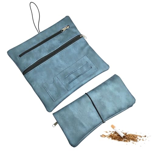Lyivisk Leder Tabaktasche, Allzweckleder Tabaktasche Filterfach und Plättchen-Halter, Tabak-Beutel mit Seil, Drehtabak Tasche Tasche aus Handarbeit(Graublau) von Lyivisk