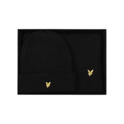 Lyle & Scott Herren-Set Gerippter Wintermütze Schal Lammwolle - Tiefschwarz von Lyle & Scott