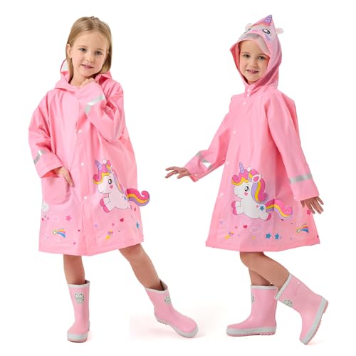 Lymaha Kinder Regenmantel - Wasserdichter Regenponcho mit Kapuze, Transparenter Hutkrempe & Reflektierenden Streifen für Jungen/Mädchen (M, 100-110, Rosa) von Lymaha