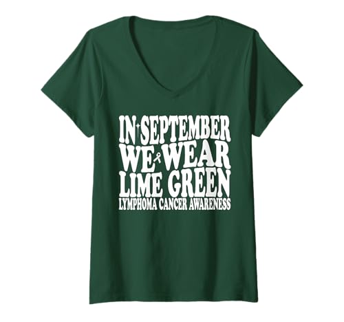 Damen Im September tragen wir Lime Green Lymphoma Awareness Groovy T-Shirt mit V-Ausschnitt Damen Im September tragen wir Lime Green Lymphoma Awareness Groovy T-Shirt mit V-Ausschnitt von Lymphoma Cancer Awareness Month Survivor