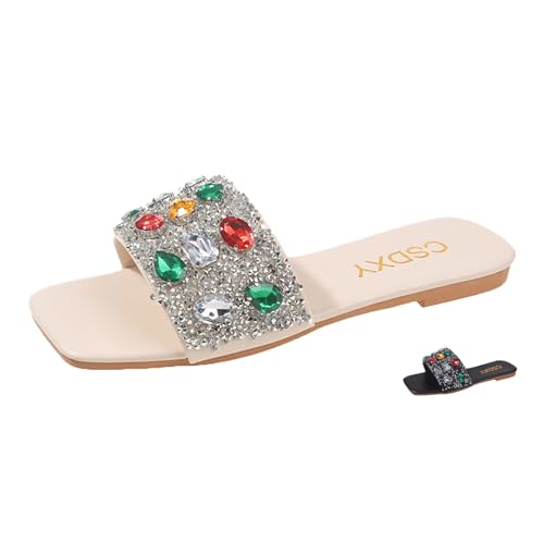 Flache Damen-Sandalen mit glitzernden Diamanten, Regenbogen-Strasssteine, quadratisch, offener Zehenbereich, zum Reinschlüpfen, mit Schmucksteinen, Strandpantoffeln, Beige, 35 EU von Lymphvity