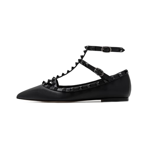 Lymphvity Damen Geschlossene spitze Zehen Nieten T-Riemen Flache Schuhe Mode Verstellbarer Knöchelriemen Nieten Gladiator Flats Kleid Schuhe für Arbeit Party, Mattes Schwarz, 39 EU von Lymphvity