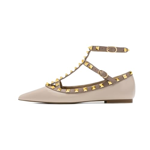Lymphvity Damen Geschlossene spitze Zehennoppen T-Riemen Flache Schuhe Mode Verstellbarer Knöchelriemen Nieten Gladiator Flats Kleid Schuhe für Arbeit Party, aprikose, 36 EU von Lymphvity